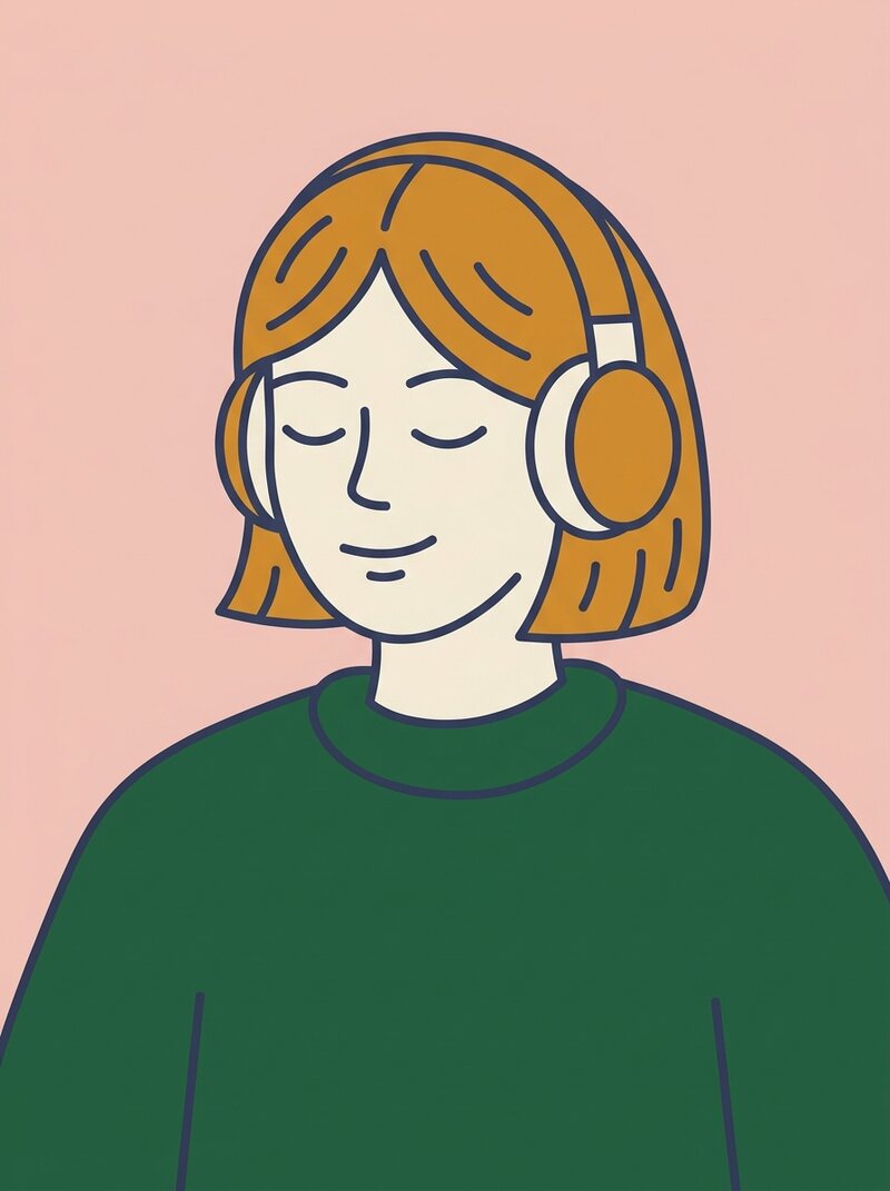 Illustration of a listener with their eyes closed wearing large over-ear headphones