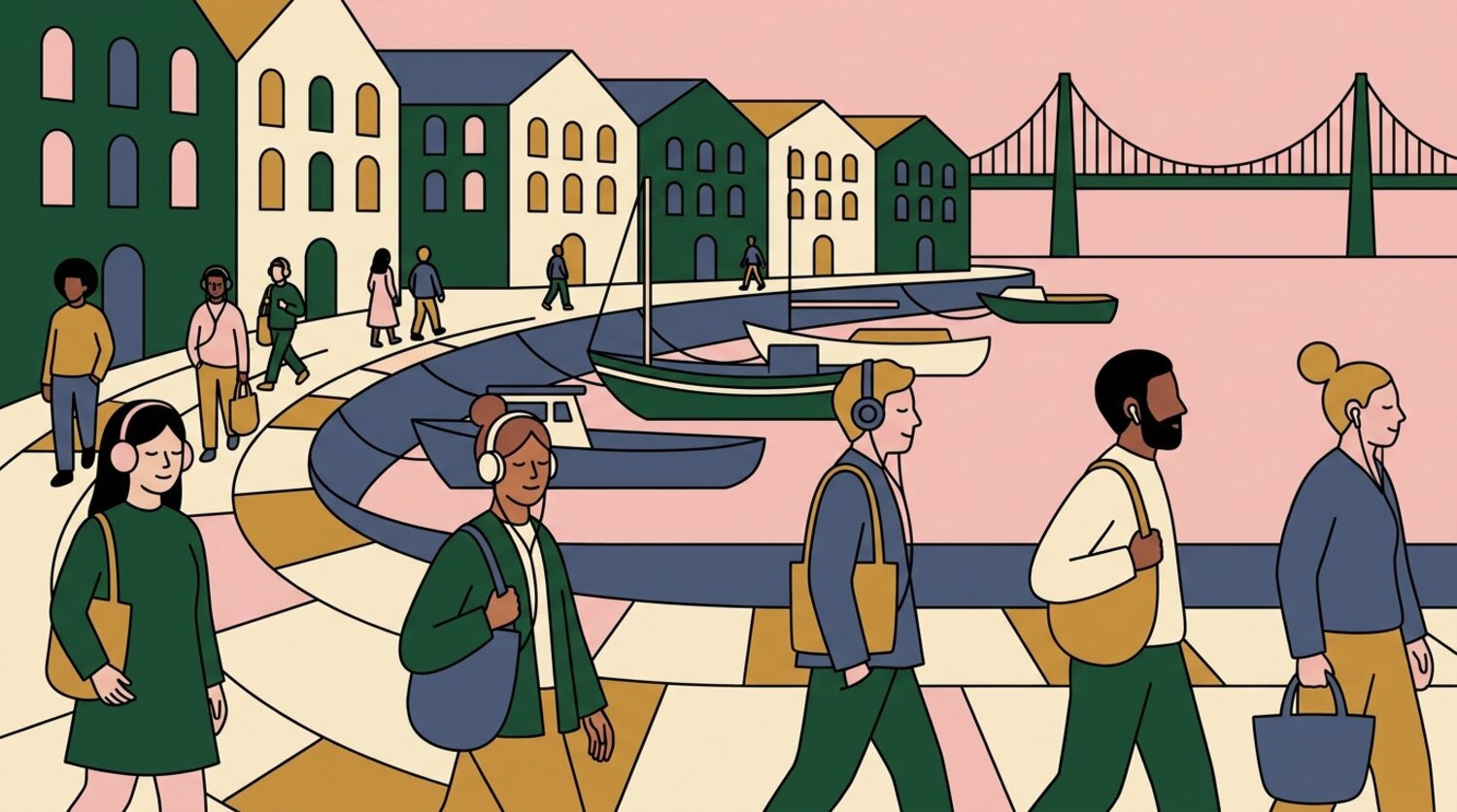 Illustration of people walking along the Bristol harbourside wearing headphones, with moored boats and the suspension bridge beyond