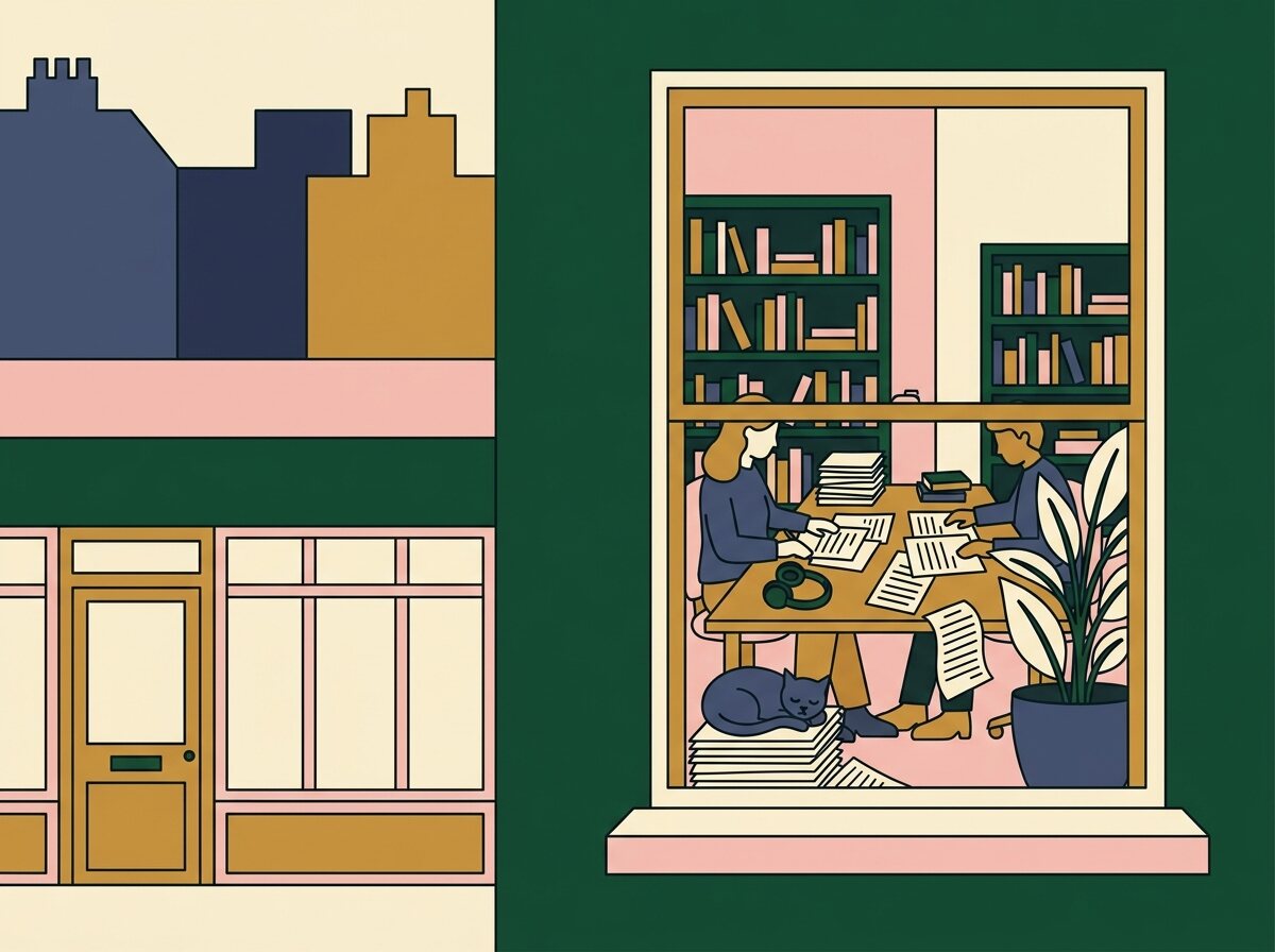 Illustration of the Longform Audio office: two people at a desk covered in manuscript pages, bookshelves behind, a cat asleep on a stack of paper